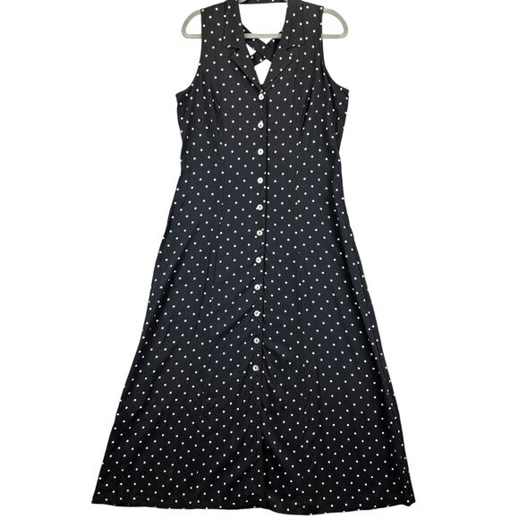 90s Polka Dot Maxi Dress 10 Black Pin Up Halter Cut Out Back Mother of Pearl